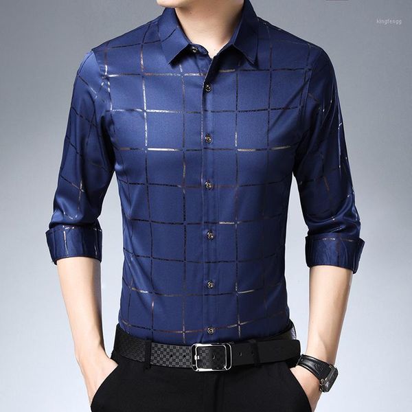 

2020spring autumn middle-aged young printed long-sleeved striped shirt men's social formal dress business casual male blouse1, White;black