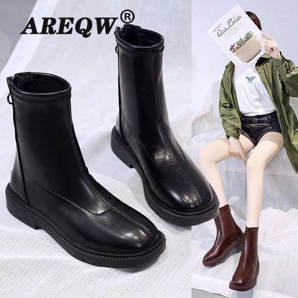 

pu boots 2020female leather women boots thick heels ankle for women round toe winter shoes flat platform1, Black