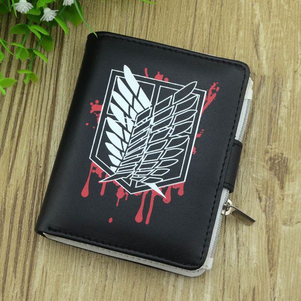 

anime attack on titan survey corps wings of liberty short coin black synthetic leather wallet card holder purse, Red;black