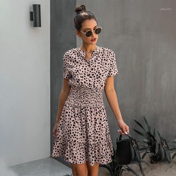 

casual dresses high waist ruffle o neck women mini dress summer short sleeve ladies 2021 fashion dot printed female vestidos1, Black;gray