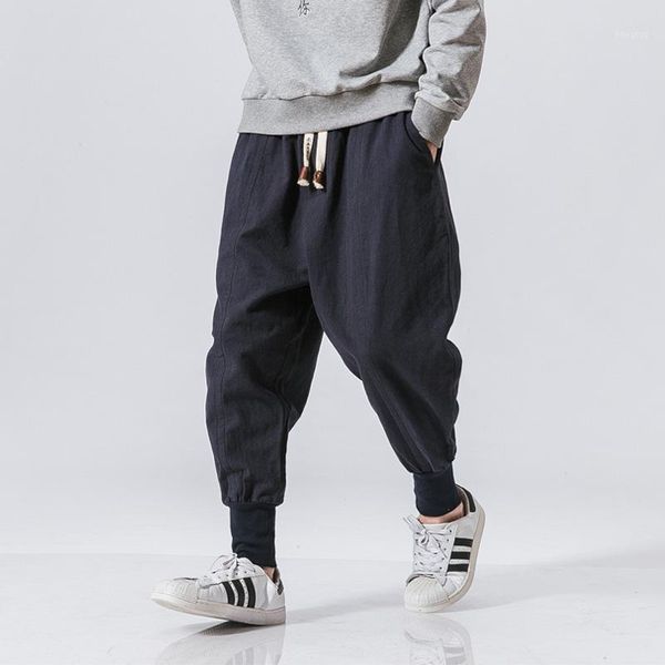 

cotton harem pants men solid elastic waist streetwear joggers 2021 new baggy drop-crotch pants casual trousers men dropshipping1, Black