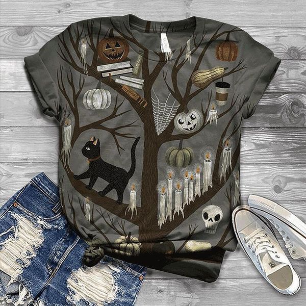 

h40 halloween vintage print t shirt womens t shirt o neck short sleeve shirts for women 2020 fashion new harajuku shirt, White