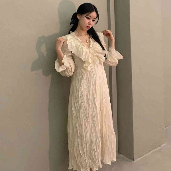 

chic long dress woman korean spring ins v-neck ruffles stitching folds design solid loose flare sleeve dresses, Black;gray