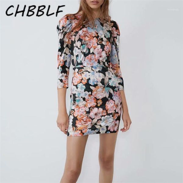

chbblf women retro floral print dress back zipper o neck three quarter sleeve female casual chic dresses vestidos hjh22281, Black;gray