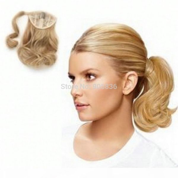 

honey blonde short curly wavy ponytail hairpiece wraps around women ponytail hair extension clip in color 27, Black