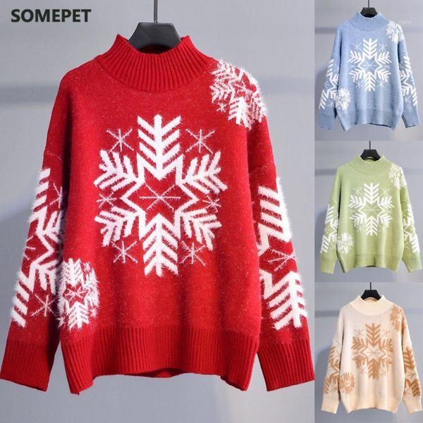 

turtleneck christmas snow print flame knitted red sweater women loose long sleeve pullover casual 4 color vintage sweater1, White;black