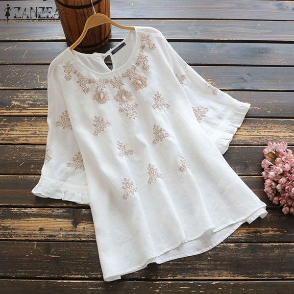 

zanzea summer half sleeve embroidery blouse women vintage casual ruffles shirt loose cotton linen blusas chemise tunic 7, White