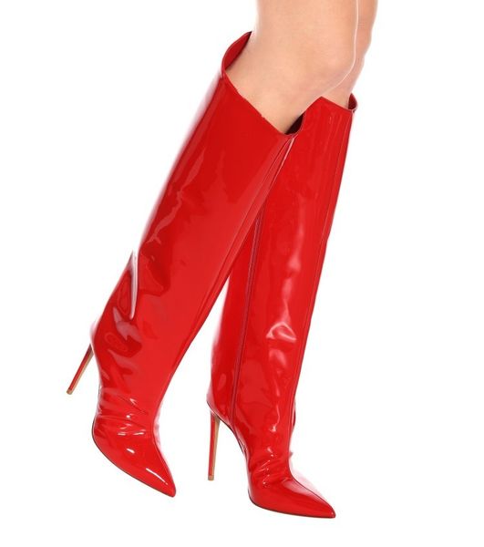 

2020 mirror leather metallic knee high toe stiletto heels long woman summer track green boots rk3l, Black