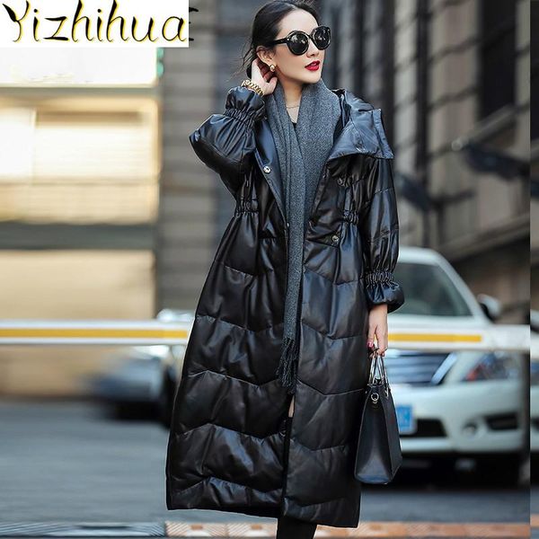 

real leather jacket 100% women long sheepskin coat female hooded down jacket winter woman parkas mujer chaqueta 19d68-05, Black