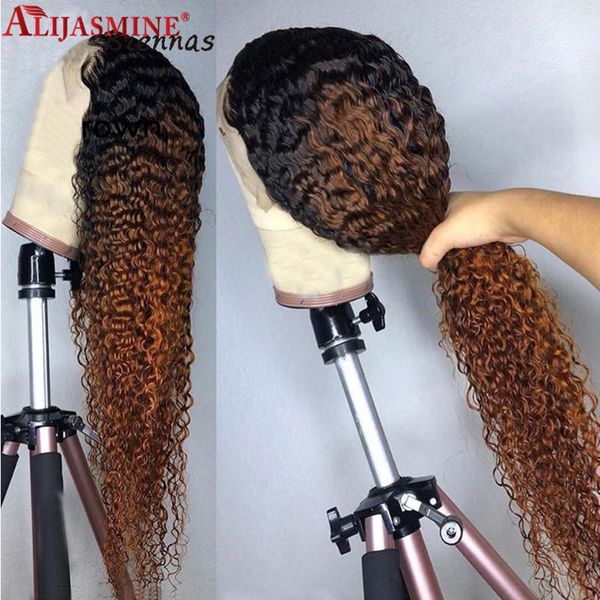 

lace wigs 1b 27 ombre colored human hair for black women pre plucked water wave wig brazilian remy front, Black;brown