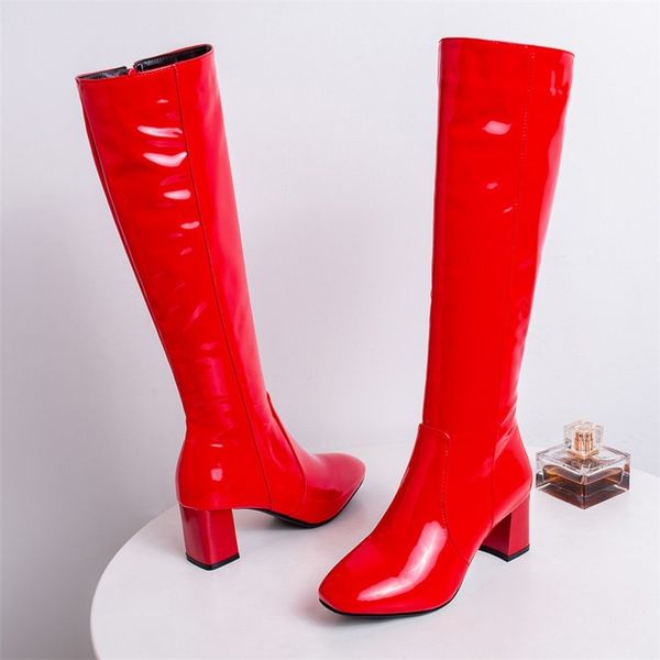 

womens high knee boots patent leather knee high boots women waterproof white red party fetish boot women's shoes autumn winter lj201030, Black