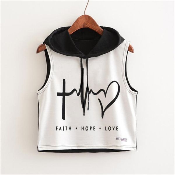 

2020 new punk rock summer t shirt women black sleeveless cotton hoodie letter print loose crop ladies tees plus size, White