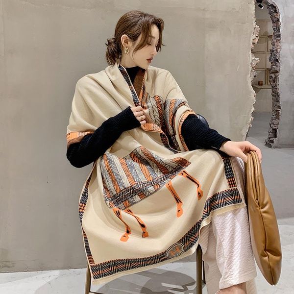 

scarves 2021 winter cashmere women's scarf lady retro warm blanket carriage women shawl designer poncho stole, Blue;gray
