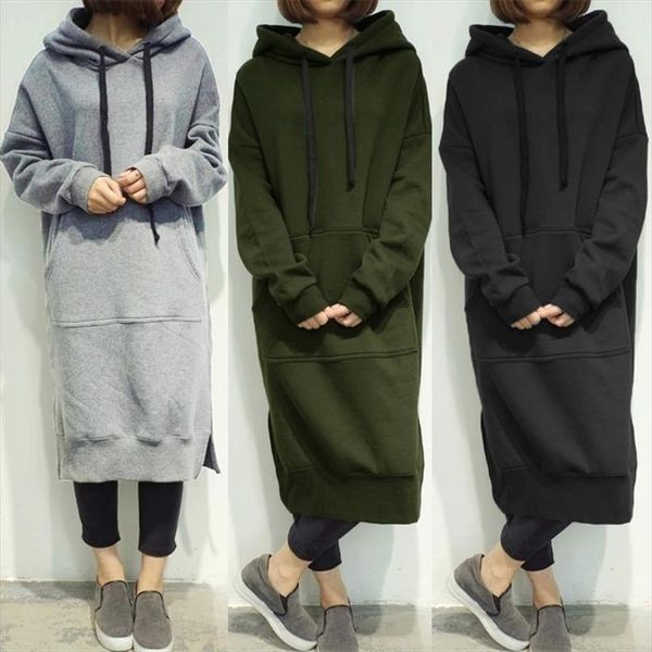 

womens casual loose long hoodies autumn solid color sweatshirt hooded sweatshirt dress drop shipping good quality, Black