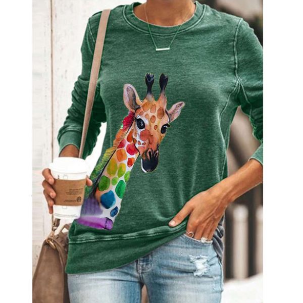 

print round neck deer versatile colorful pullover casual long sve t-shirt for women, Black;gray