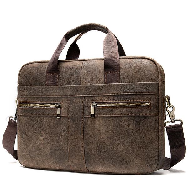 

men cowhide luxury leather briefcase 15.4"lapbook shoulder bag handbag office bags zipper male 2020 style business frosted