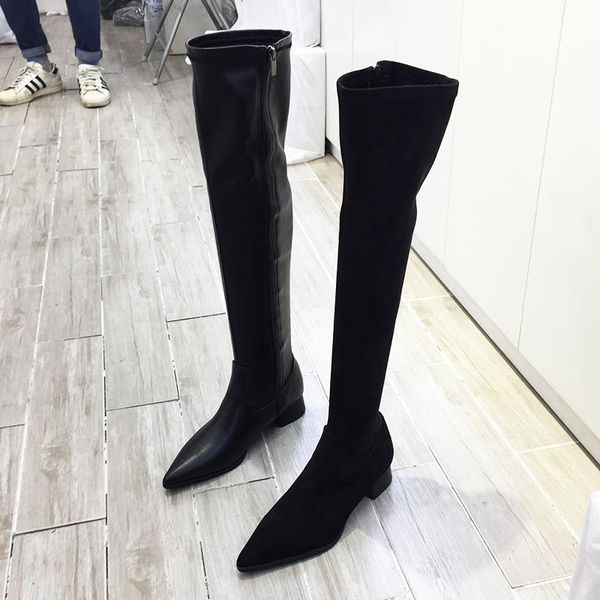 

boots women's over knee black pointed toe low heels leather shoes b127