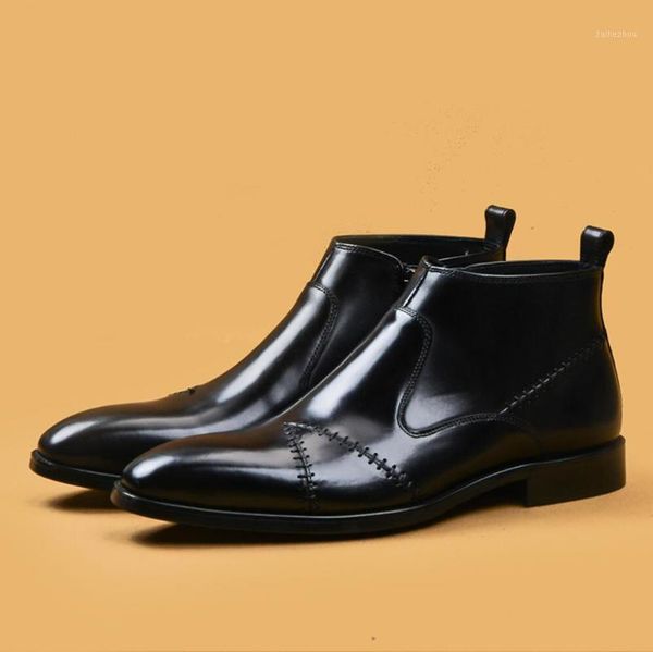 

sipriks men's winter boots calfskin boots vintage brogues ankle boot italian handmade slip on dress male cowboy 461, Black