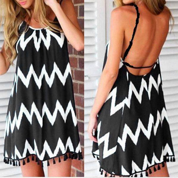 

2019 fashion women summer wave pattern tassel strap sleeveless holiday beach short #39, Black;gray