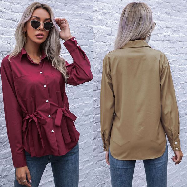 

women's 2021 spring new cardigan commuting red busins lapel solid color long sleeve shirt, White