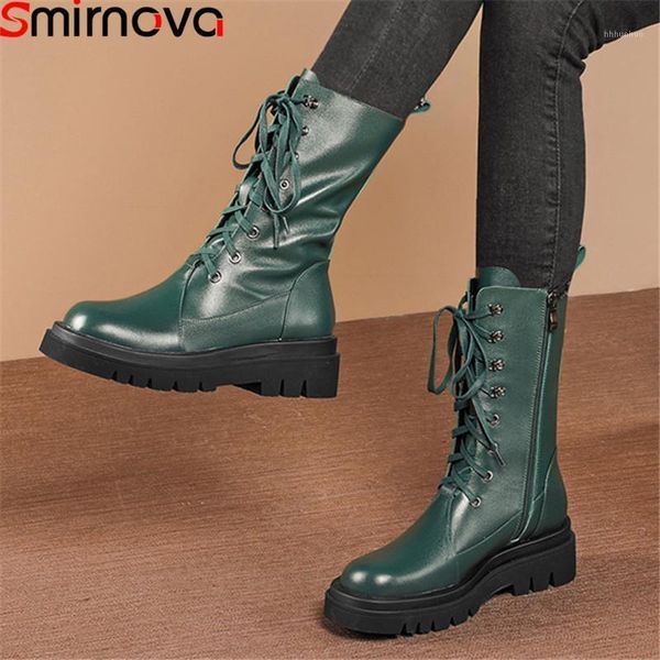 

boots smirnova 2021 big size 34-42 women genuine leather square heels round toe lace up winter ankle ladies shoes1, Black