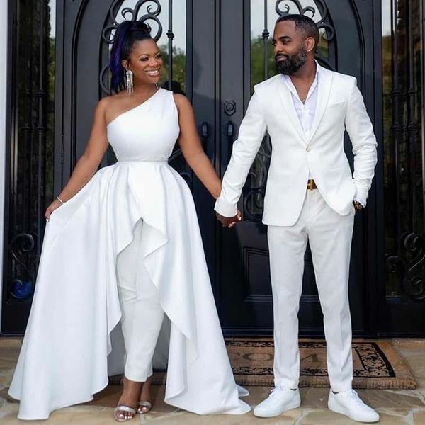 

white jumpesuit prom dresses with pant one shoulder overskirt black girls prom graduation dress 2021 elegant party evening dress cheap