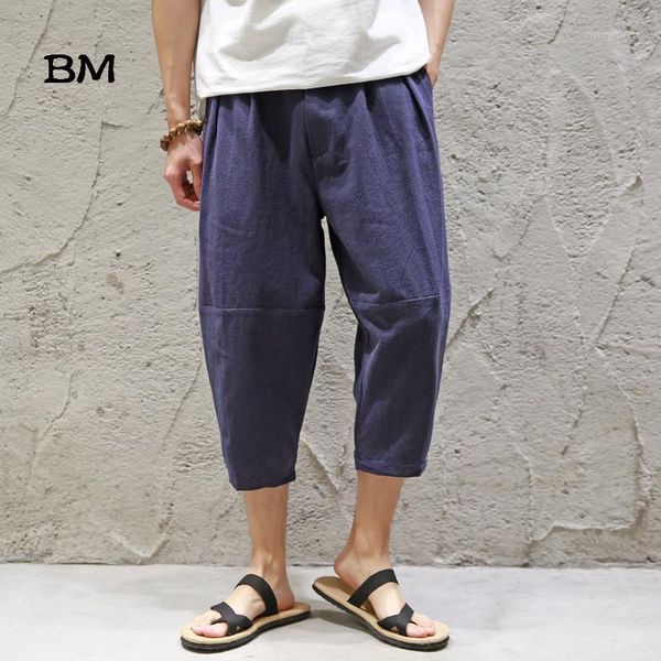 

men's pants summer chinese style casual men fashions wide leg cotton linen loose short harem trousers 2021 thin clothes baggy pants1, Black