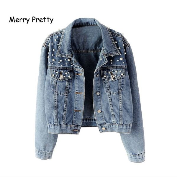 Merry Pretty Damen Hellblaue Perlen-Jeansjacken Koreanische Mode Streetwear Perlen-Jeans-Mantel Herbst-Denim-Outfit 4XL 5XL 201026