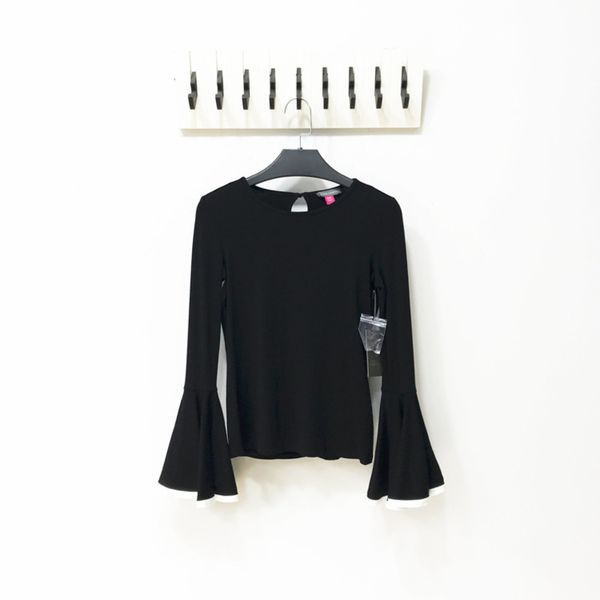 

vc fashion high end flared knitted t-shirt black versatile celebrity long sleeve top, Black;gray