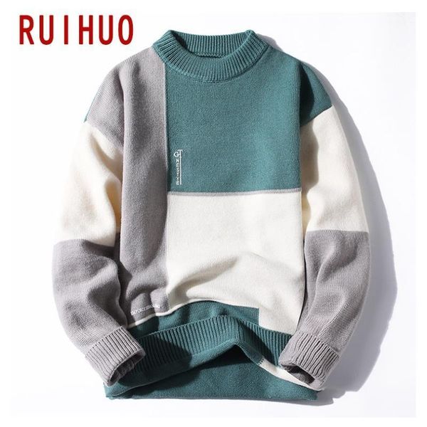 

ruihuo patchwork knitted sweater men clothing harajuku sweaters pullover men sweater fashion mens clothes -3xl 20201, White;black