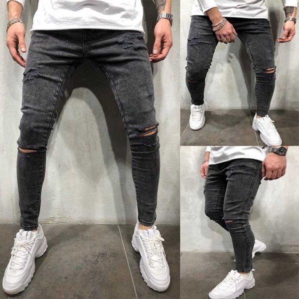 

2021 men's perforated stretch jeans fried with snow, Blue