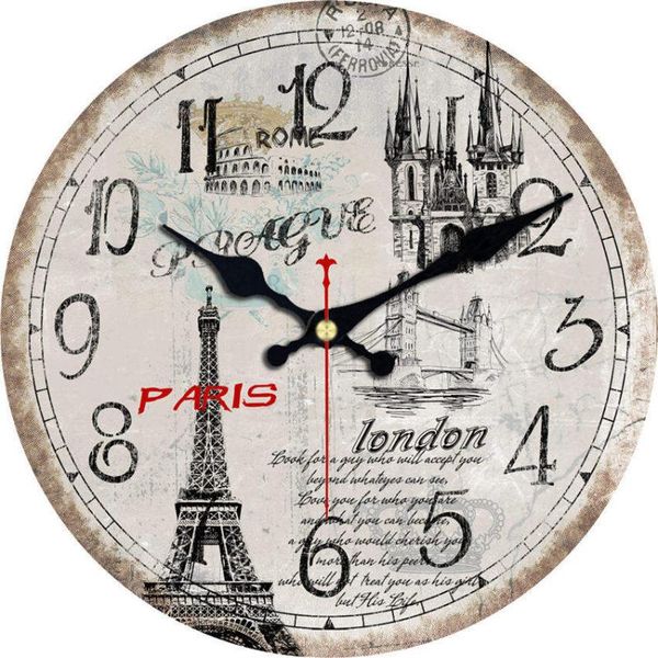 

chic tower wooden cardboard wall clock,home antique style,home living room decoration,no ticking sound 16 inch