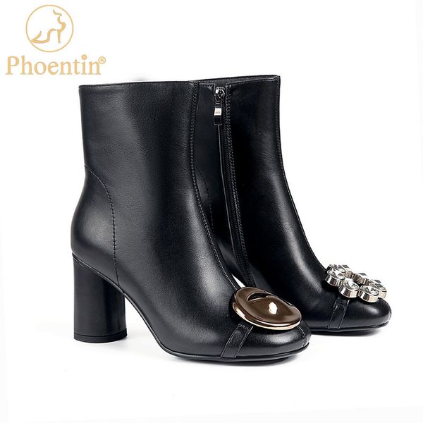

phoentin crystal ankle boots женская корова кожа металлические украшения круглый носок высокий каблук пинетки на молнии закрытие черная обув, Black