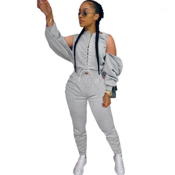 

autumn winter off shoulder women set sweater + long pants cross bandage sportsuit streetwear outfit clothing solid 5 color s-3xl1, Gray