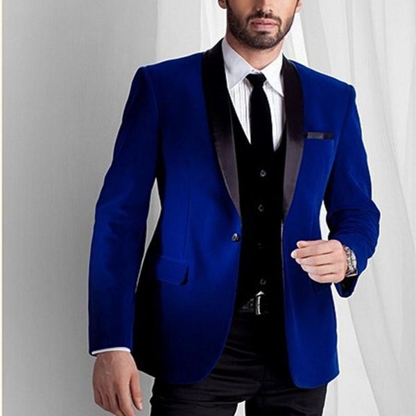 Custom Made Groomsmen Preto lapela do noivo smoking de veludo Men Suits Wedding Melhor Royal Blue Suit 2020 (jaqueta + calça + gravata + Vest)