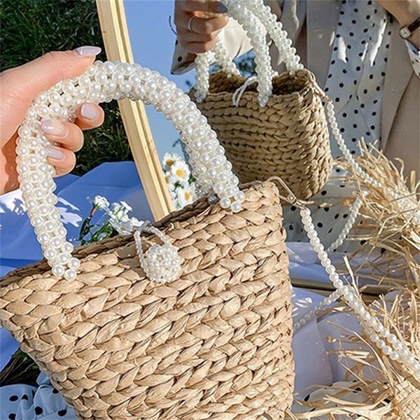 

luxury pearl straw handbag fashion weaving tote summer vacation bohemia straw crossbody bag for women
