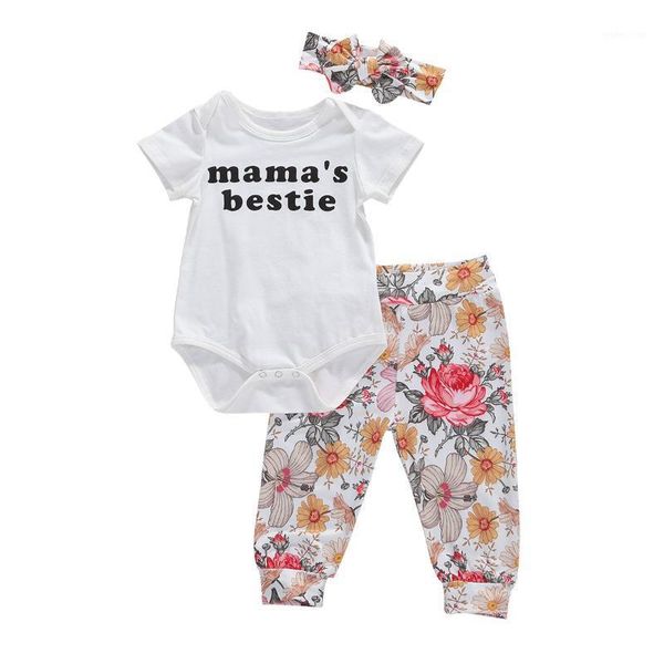 

3pcs baby girls outfit summer simple style short sleeve letter romper + floral printing long pants + sweet headwear set1, White
