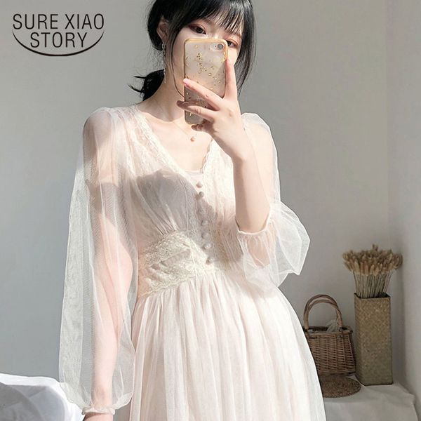

plus size elegant button a-line vestidos white dress women 2021 spring puff sleeve empire v-neck lace voile mesh dresses 8126 210306, Black;pink