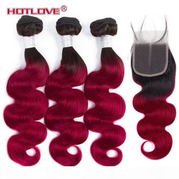 

brazilian virgin ombre hair bundle with closure body wave two tone ombre color 1b burgundy closure with 3 human hair ove, Black;brown