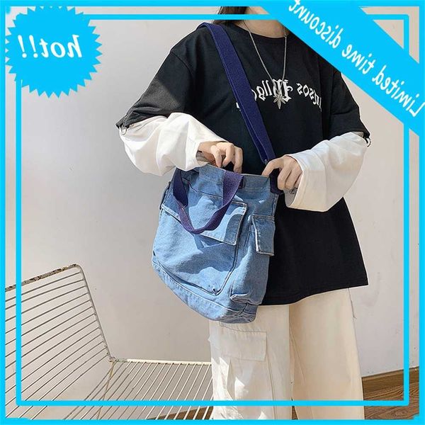 

new single shoulder women's large capacity denim bag solid color handbag
