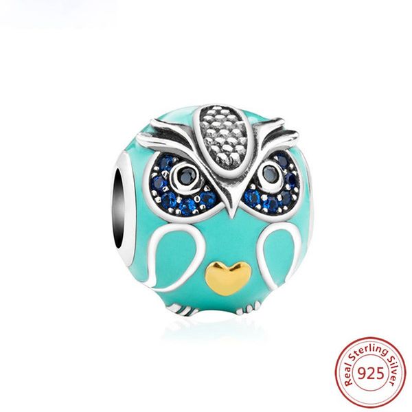 

s925 fine silver owl loose bead accessories diy diamond pendant charms beaded jewelry animal bracelet, Black