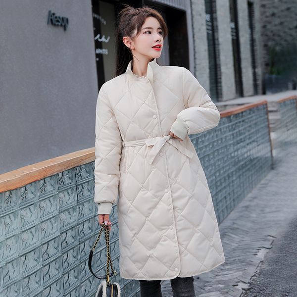 

fashion single breasted autumn winter parka jacket women adjustable waist long stand collar parka coat office lady new 201029, Black