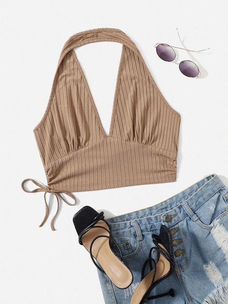 

low back drawstring side halter u6pk#, White