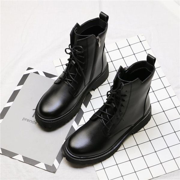 

boots 2021 spring and autumn lace up ankle for women flats heel black short punk1