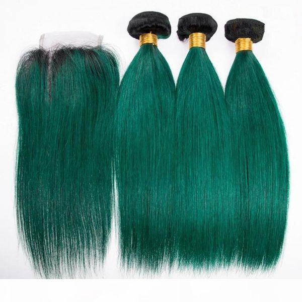 

black and dark green ombre brazilian human hair weaves with closure straight #1b green ombre virgin hair 3bundles with 4x4 lace closure