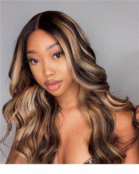 

13x6 silk base highlight color human hair wig brazilian remy hair lace front wigs preplucked body wave wigs for women, Black;brown