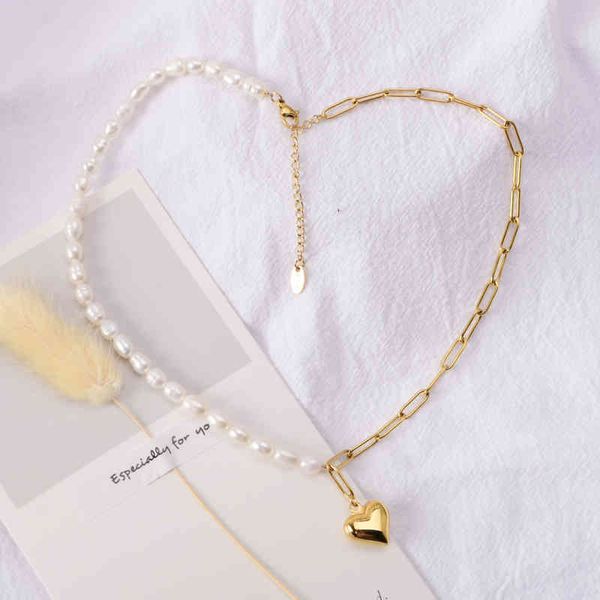 

stainless steel 18k gold plated pearl necklace natural freshwater chunky chain heart pendant, Silver