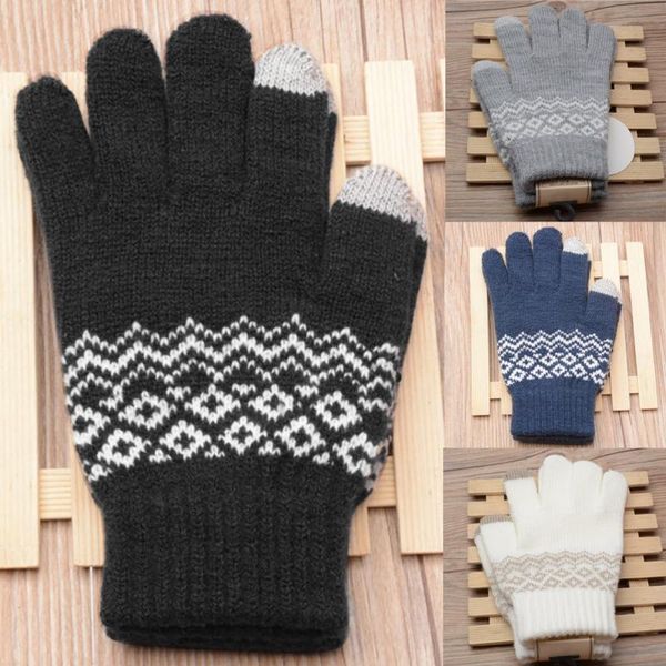 

five fingers gloves womens men wintergeometric knit click screen warm fleece a2, Blue;gray