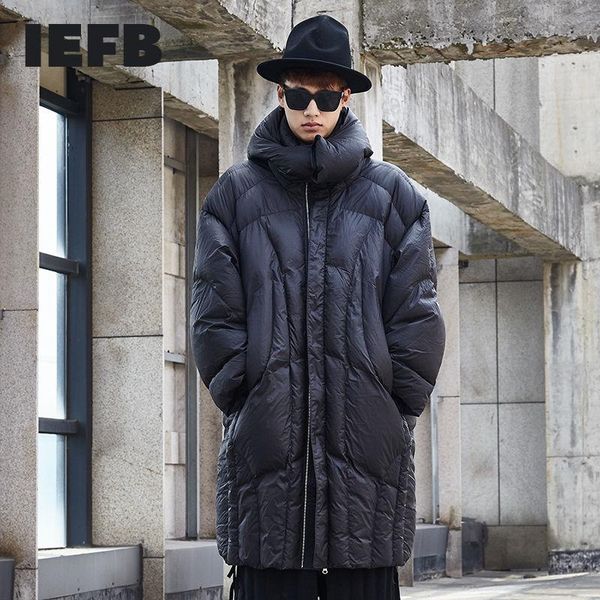 

iefb /men's wear design japan style long coat 2020 trendy new hooded black lightweight winter coat for male oversize 9y3597