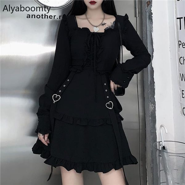 

plus size harajuku women black mini dress gothic punk style streetwear bandage vestido heart suspenders lolita ruffles dress 4xl, Black;gray